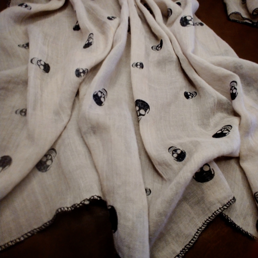 White Scarf with Black Skull Print